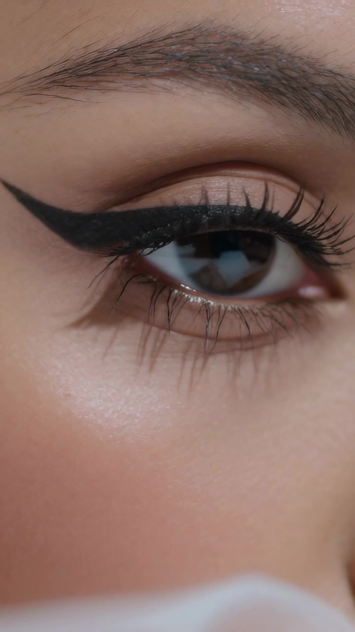 Vertical video: Blurred object moving, lifting right eye, showing winged liner and lashes in studio