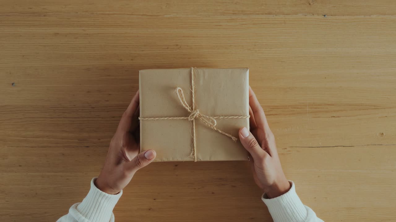 Entering female hands steadying gift box on wooden table, loosening jute twine bow