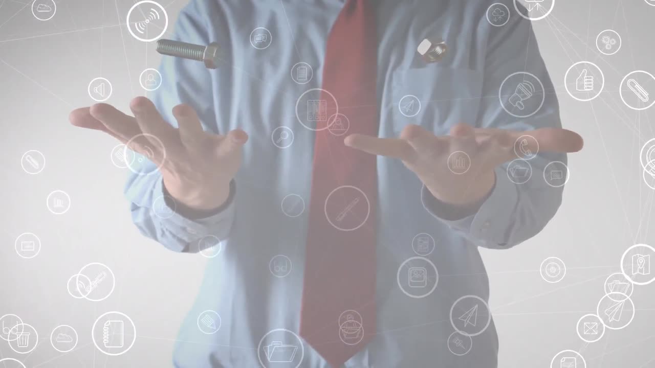 미디어 아이콘이 떠다니는 사업가가 견과류와 볼트를 던지고 잡는 애니메이션