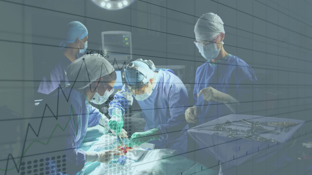 병원에서 다양한 남성과 여성 외과 의사에 대한 데이터 처리의 애니메이션