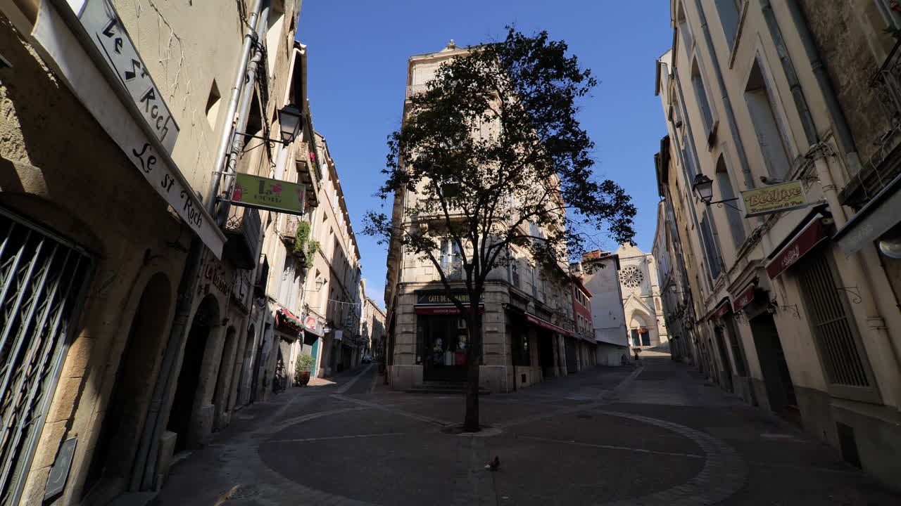 Árvore na sombra em uma praça em Montpellier, céu azul, período de pandemia.