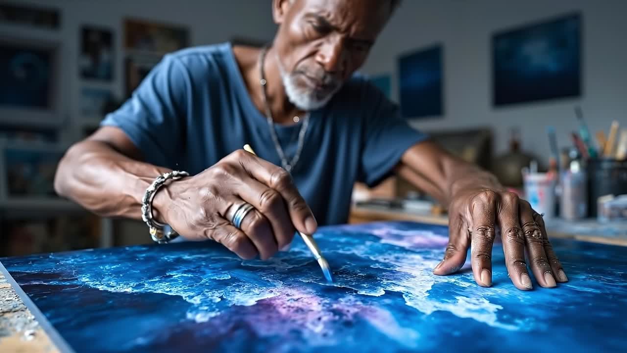 A man is painting a picture on a table