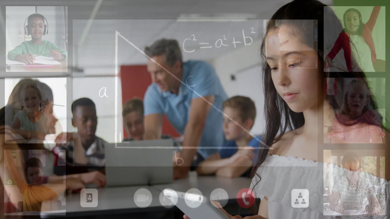 Teacher leaning over student desks in hybrid classroom, showing algebra triangle graphic overlay