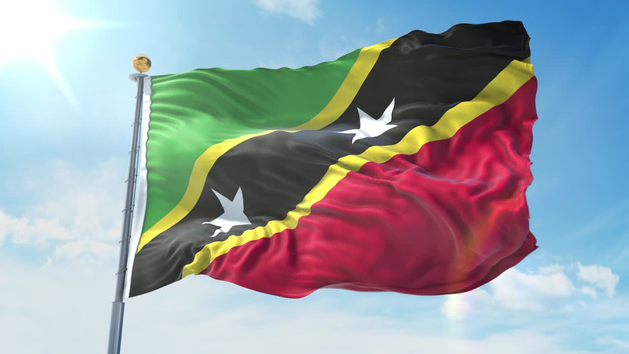 세인트 키츠와 네비스의 발이 깊은 파란 하늘을 배경으로 바람에 흔들리고 있습니다. 국가 테마, 국제 개념. 3d 렌더리 원활한 루프 4k