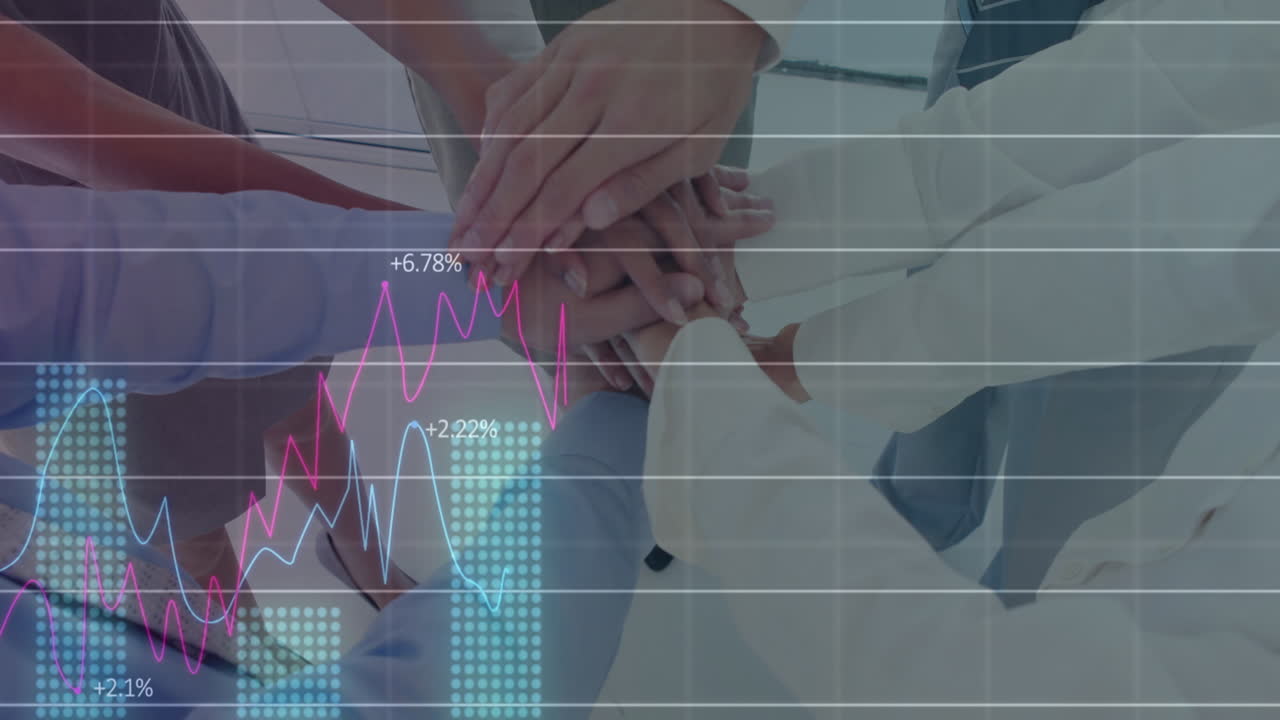 다양한 사업가들이 손을 잡고 있는 그래프의 애니메이션