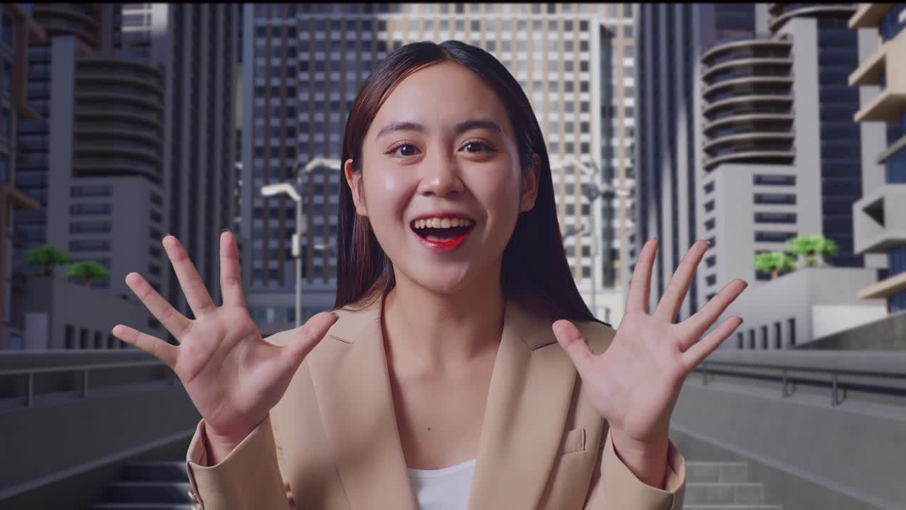 도시 풍경에서 흥분한 아시아 사업가