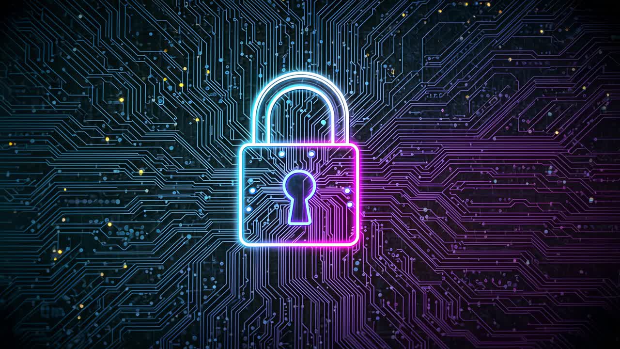 On power-up neon padlock icon cycling cyan magenta on circuit board with sparks signaling security