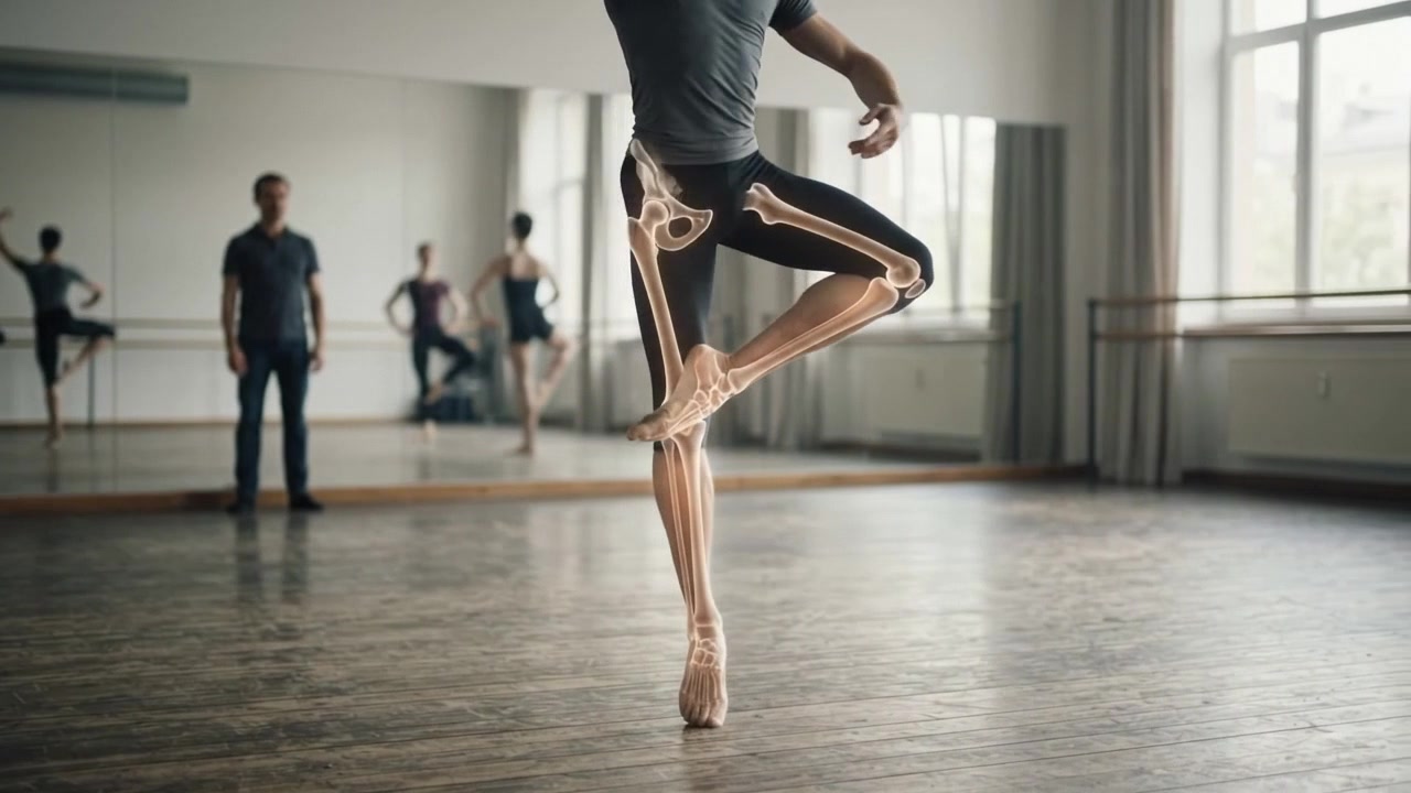 Ballet Dancer Performing Plie with Anatomical Skeleton Overlay
