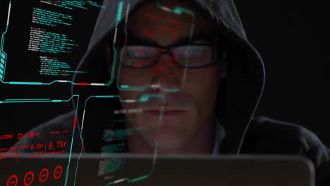 animation of digital data processing on screens over caucasian man using computer