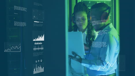 animation of diagrams and data processing over biracial workers in server room
