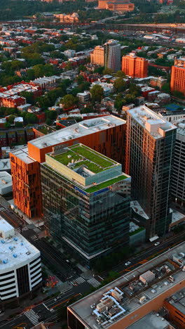 roofs of philadelphia buildings with green plantations on. drone footage above the city scenery at daytime.