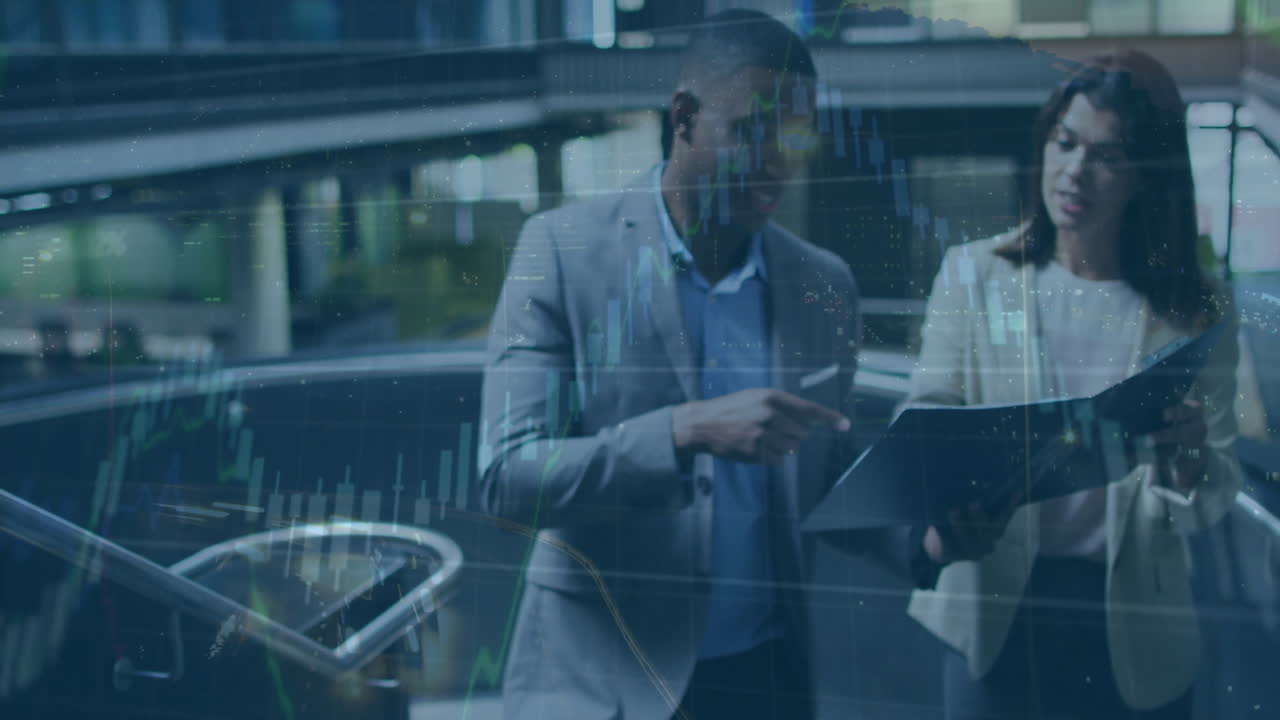 Animation of financial data processing over diverse business people in office