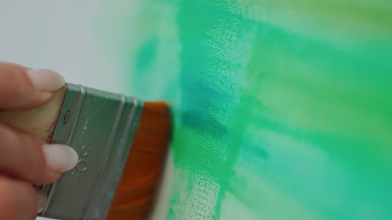 Painting in progress: Green abstract canvas