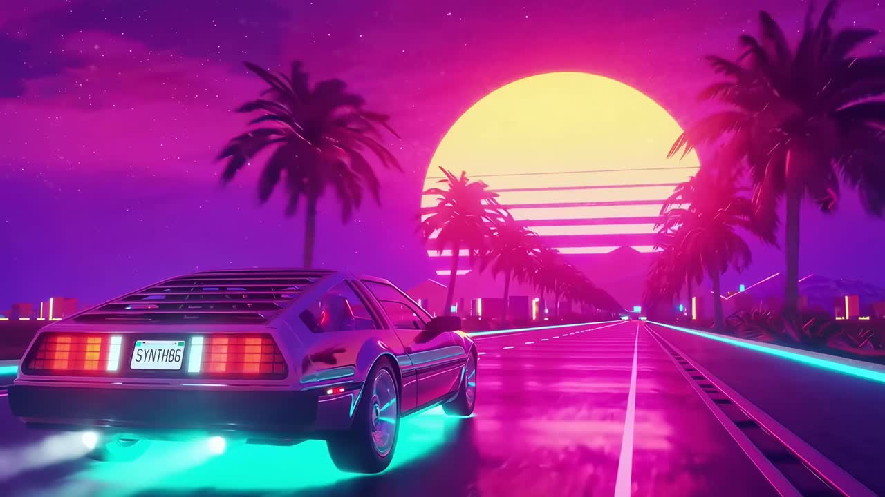 Stile video retro-futuristico con vista dal basso di un'auto su una strada illuminata al neon al tramonto