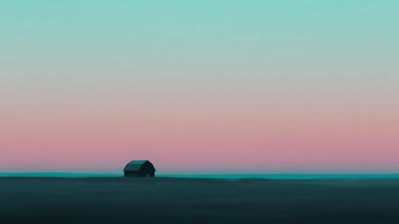 A Tranquil Landscape with a Solitary Barn Set Against a Serene Sky Merging Soft Pastel Colors, Emphasizing the Beauty of Minimalism and Isolation