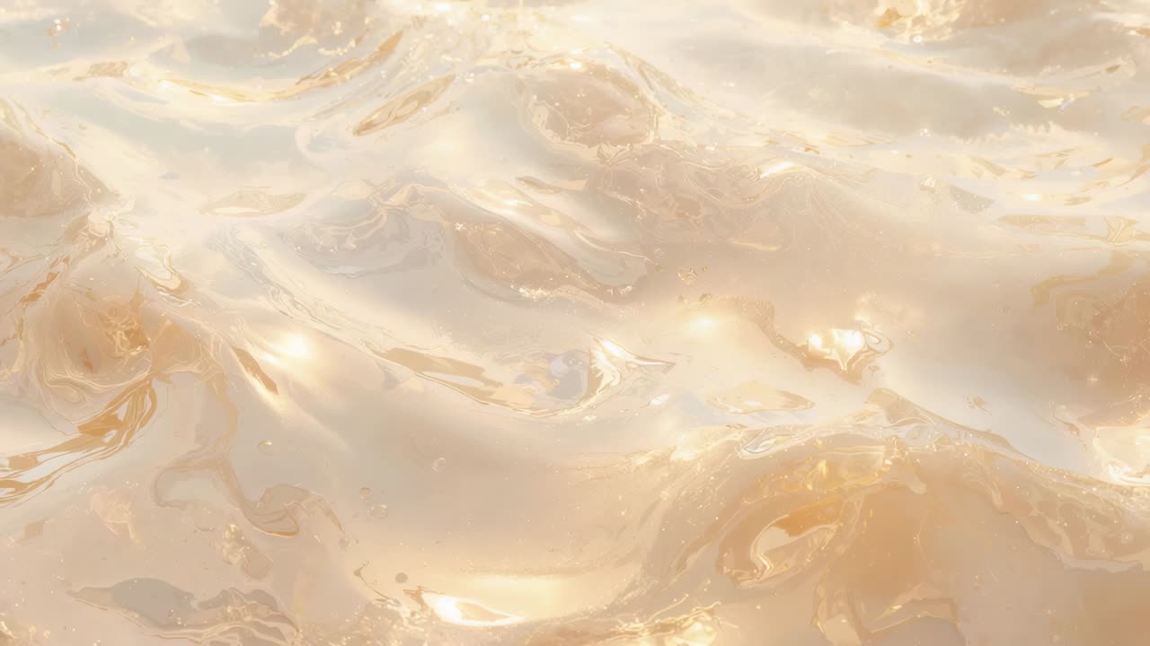 Showing pearlescent cream liquid surface rippling in closeup, gentle motion shifting gold gleam