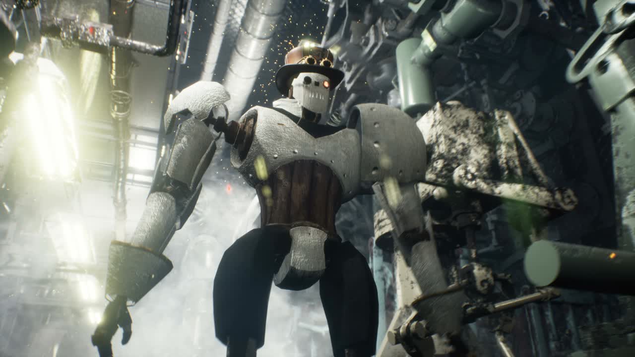 오래된 빈티지 로은 불꽃과 연기가 있는 엔진과 메커니즘을 지나가며 스 크, 판타지 및 기술 배경에 완벽합니다.