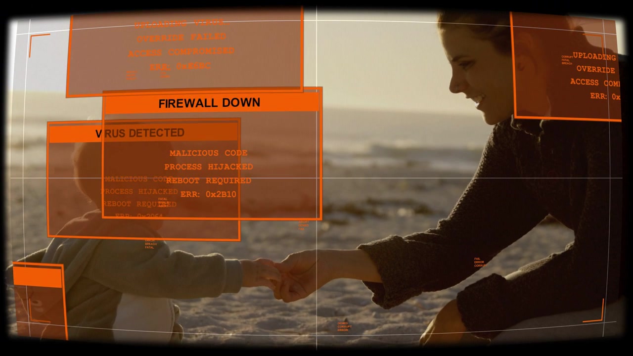 Mother holding infant's hand on beach, contact spawning security HUD escalating firewall panel