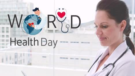 animation of world health day text and logo over smiling caucasian female doctor using tablet