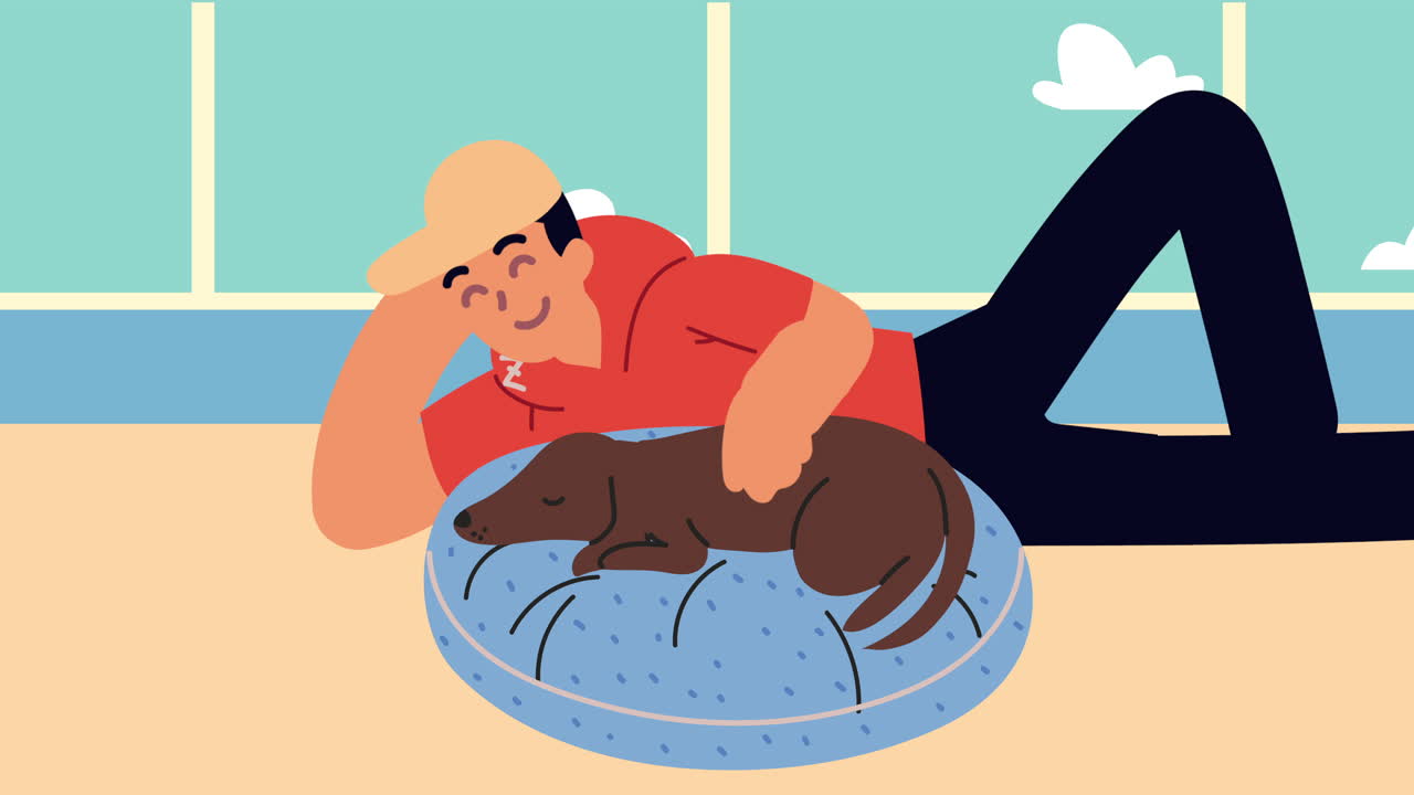 개 애니메이션과 함께 누워있는 젊은 남자