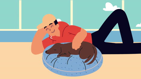 young man lying with dog animation