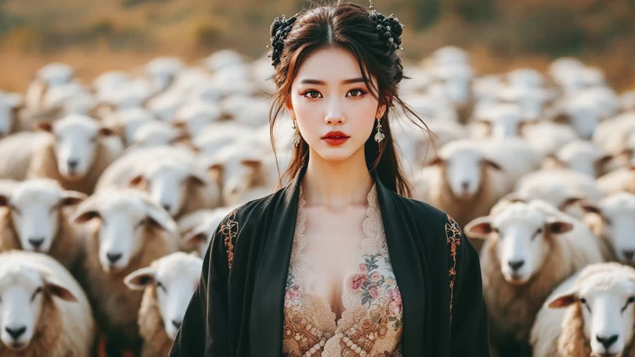 Beautiful Woman in a Field of Sheep