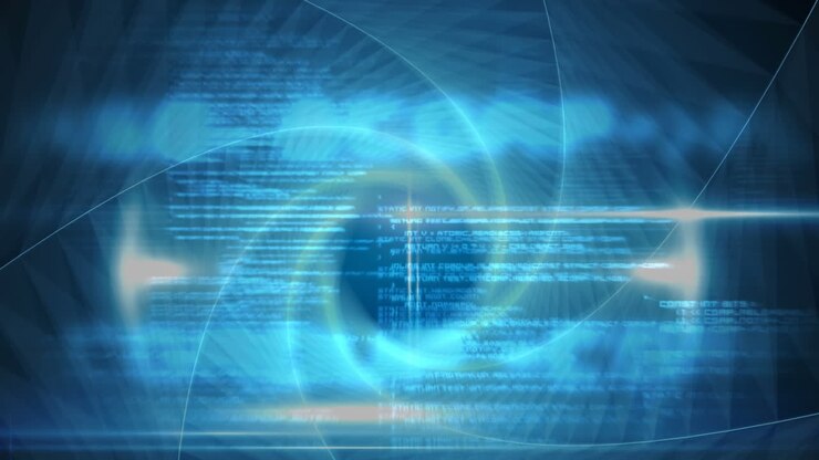 Digital animation of data processing against swirly light trails on blue background