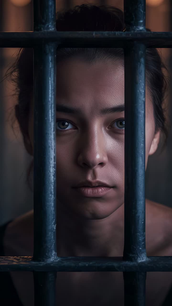 Vertical video: Opening eyes as light rising, prisoner shifting gaze behind metal bars in tank top