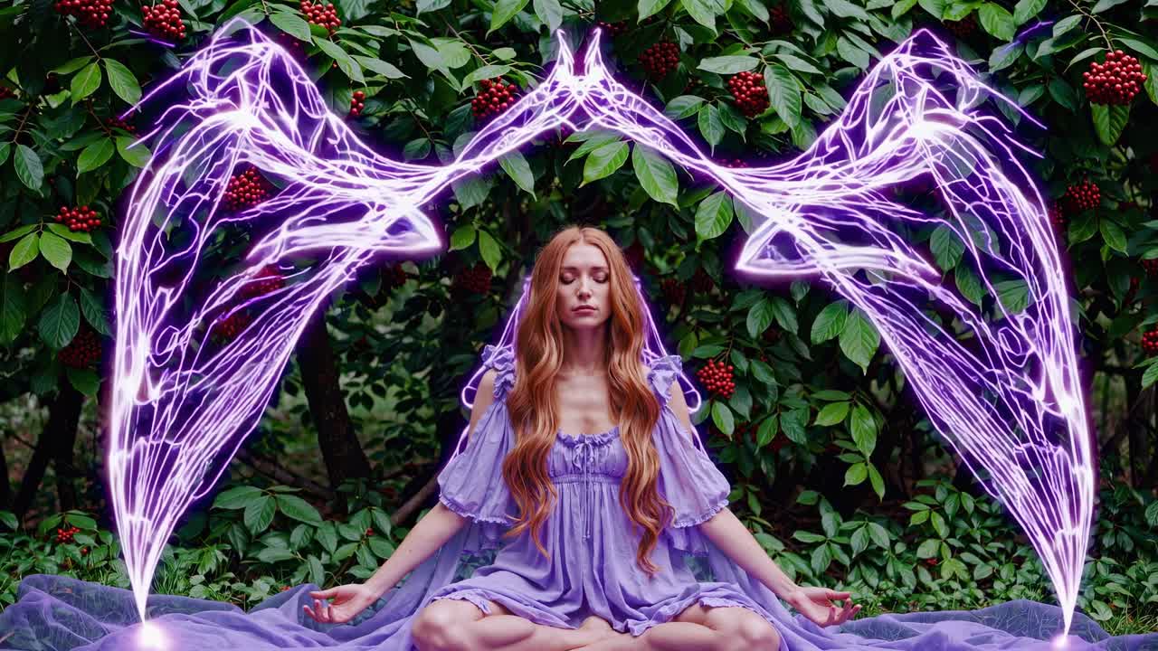 Meditating woman with long red hair wearing a purple dress, sitting in a lotus position in a garden with a purple mystical aura around her head