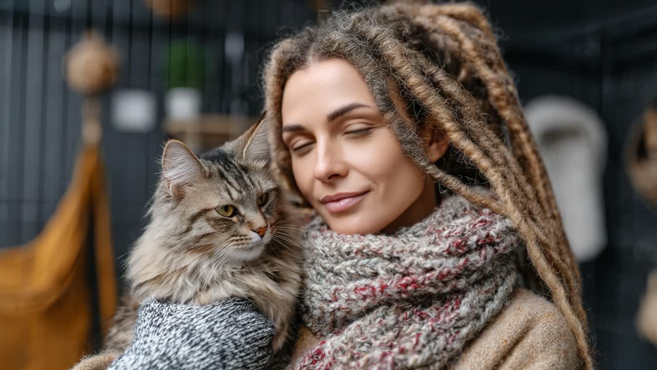 Un momento toccante: una donna con i dreadlocks che abbraccia il suo gatto morbido, irradiando gioia e connessione in un ambiente accogliente