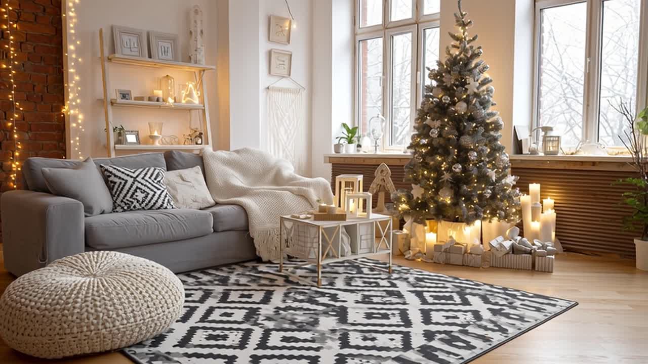 Festive Living Room with Christmas Tree and Holiday Decor