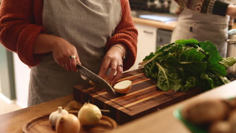 woman chopping onion while cooking in kitchen