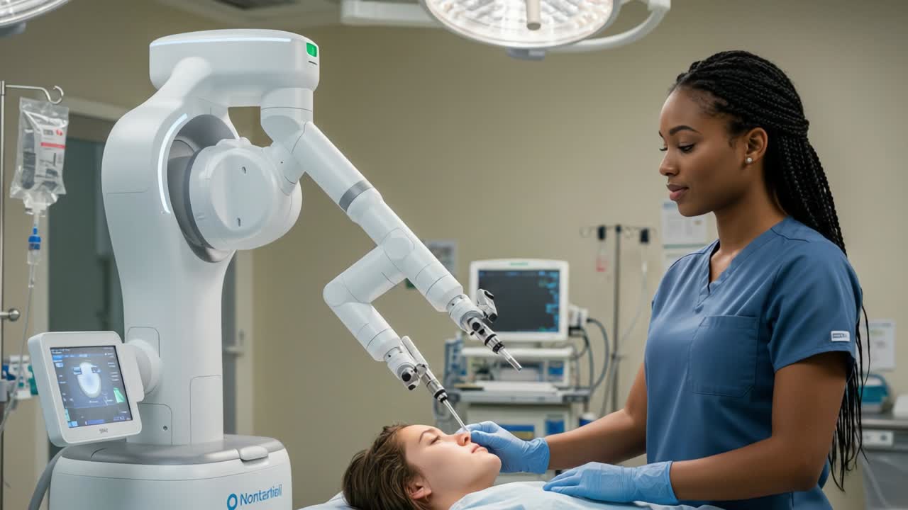 Un medico specializzato utilizza una tecnologia robotica avanzata in un ambiente clinico, fornendo cure precise a un giovane paziente sottoposto a trattamento
