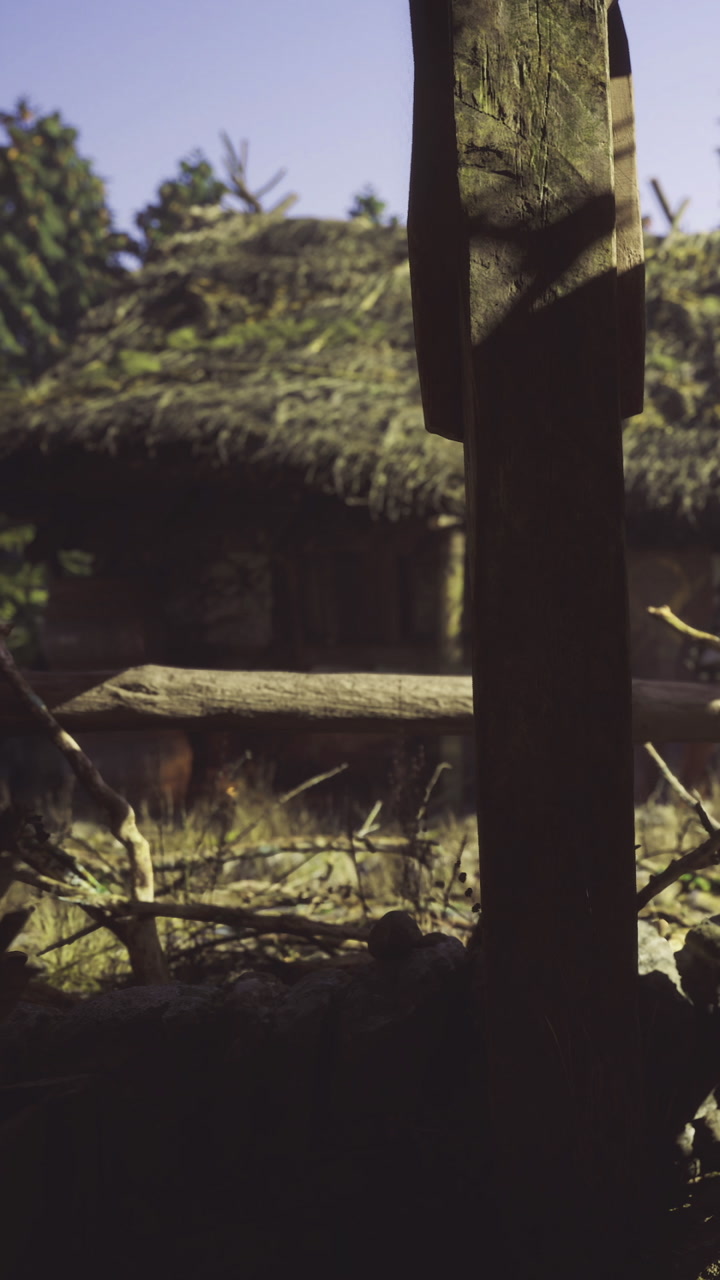 Sunset glow reflects on a rustic wooden structure in nature