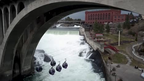 spokane falls skyride - static cable cars under the bridge in spokane falls, washington - aerial