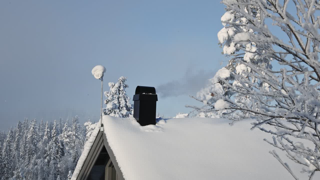 Snedækket hyttetag og rygende skorsten mod en klar blå himmel på et vinterbjergresort, Valdres, Norge