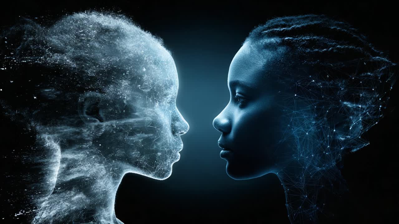 Exploration de la fusion entre la réalité et le numérique: Un voyage visuel de deux visages représentant l'essence humaine et l'évolution technologique