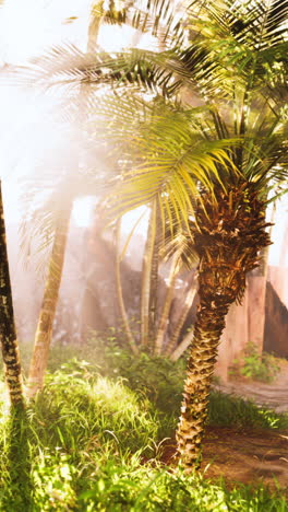 sunlit tropical garden with palm trees