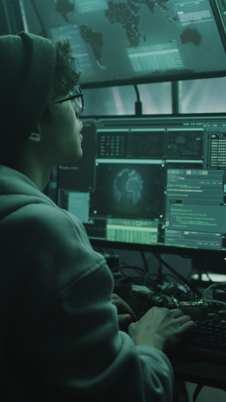 programador focado em uma sala de segurança cibernética escura