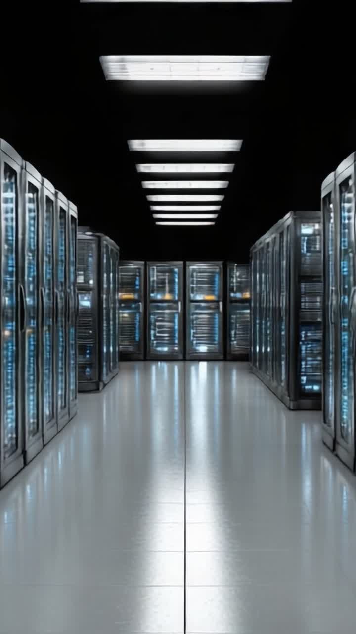 En fantastisk udsigt over et organiseret datacenter med rækker af servere oplyst af skarpt ovenlys, der fremhæver den avancerede teknologi indeni