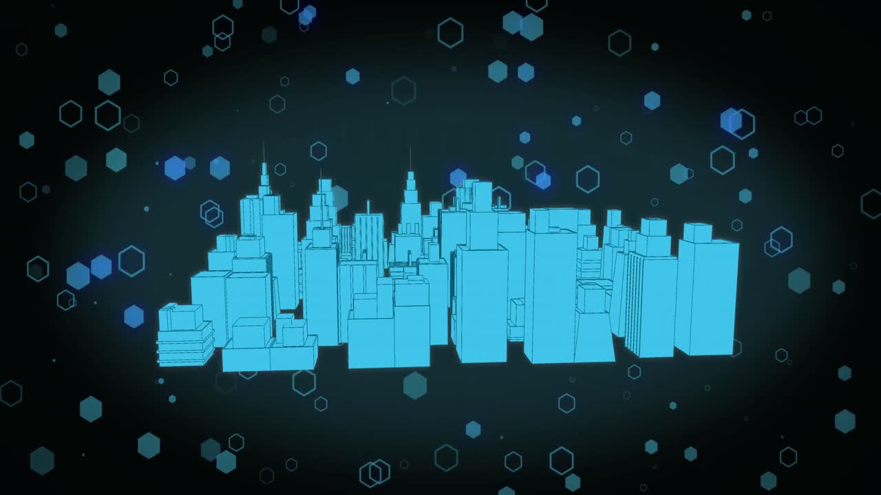 검은색 배경에 디지털 도시 위의 모양의 애니메이션
