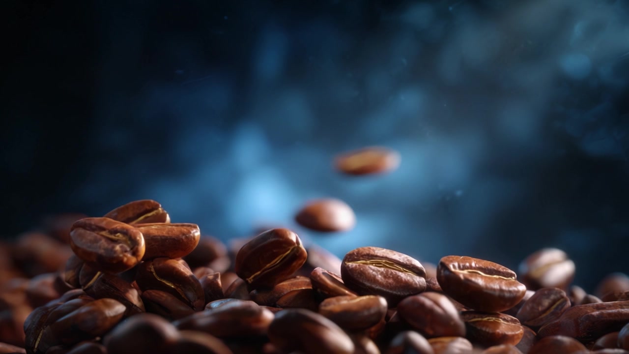 En betagende fremvisning af kaffebønner, der svæver i luften, og fanger essensen af friskhed, aroma og håndværk i hver detalje af de ristede bønner.
