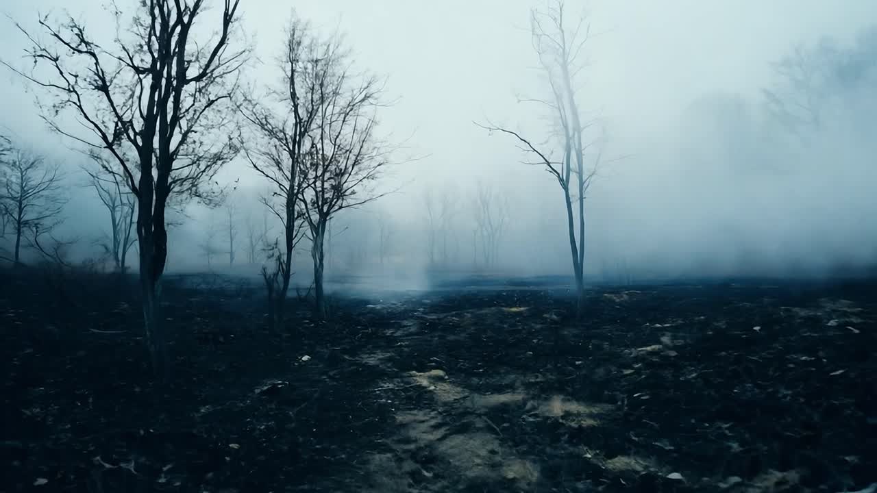bosque nebuloso después de un incendio