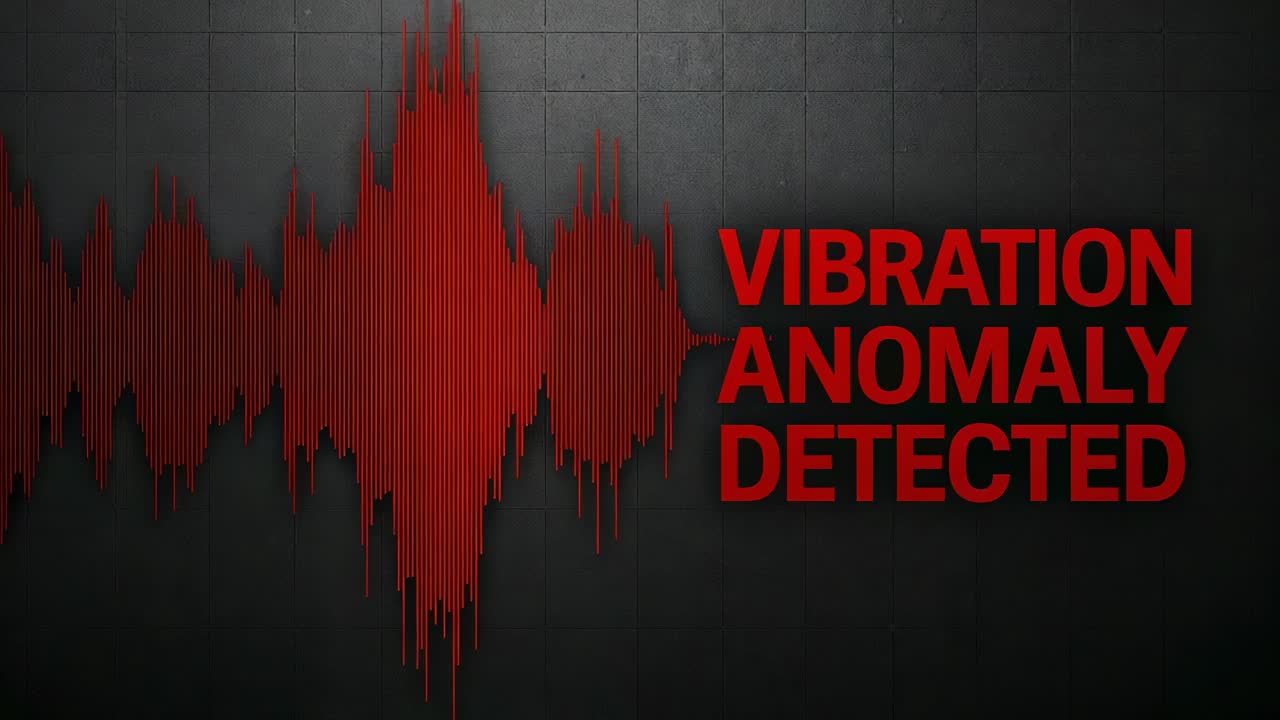 Showing wide vibration waveform spiking across panel red source starting VIBRATION ANOMALY DETECTED