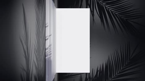 vertical of white blank screen product display with palm tree gentle breeze on black background e-commerce online shop sell discount