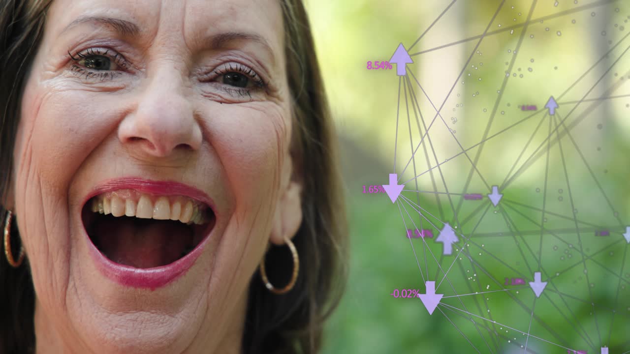 Senior woman widening smile laughing and showing joy, making purple network shift for tech demo