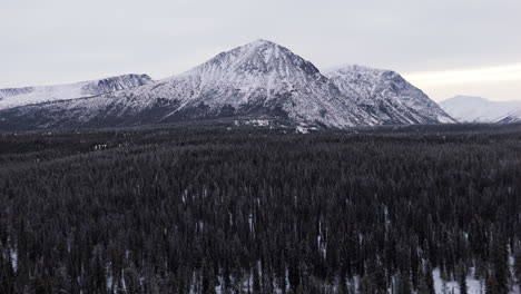 cinematic tilt-up aerial reveal of snow-covered mountains and dense forests surrounding the takhini river and kusawa lake in yukon, canada. a majestic winter wilderness scene.