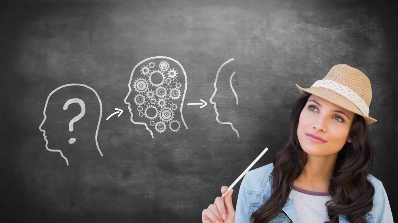 video generado digitalmente de una mujer con un signo de interrogación colocando una bombilla 4k