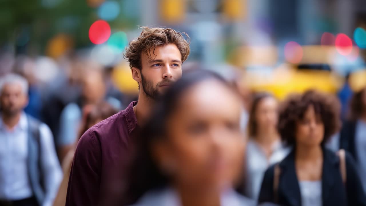 Giovane uomo sicuro di sé che passeggia in un trafficato incrocio cittadino tra la folla, emanando carisma e sicurezza in un ambiente urbano, sfondo vivace sfocato