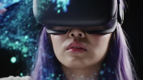 engage with an individual fully immersed in a virtual reality environment, showcasing the excitement of new digital adventures. the focus is on the interaction and visual effects surrounding the user.